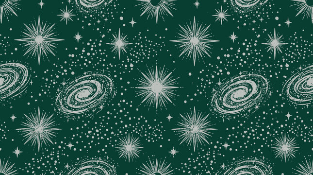 Starry cosmic pattern with galaxies and starbursts on dark teal