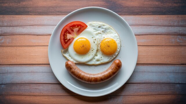 Funny breakfast plate with a smiley face made of fried eggs, sausage, and tomato on wood. Perfect for kids food concepts.