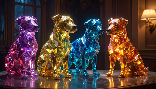 Four crystal dogs in different colors on a table