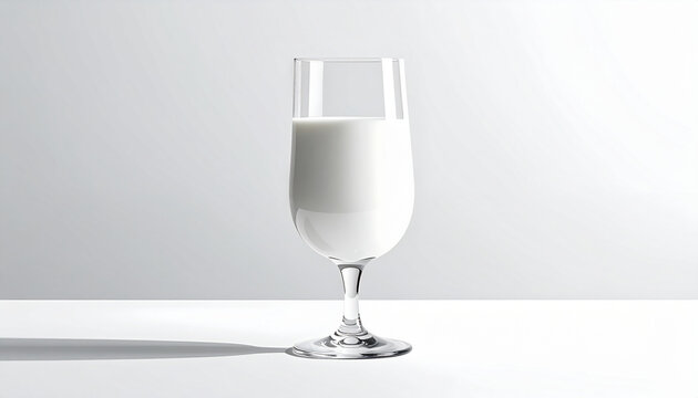Glass of milk on white table studio lighting