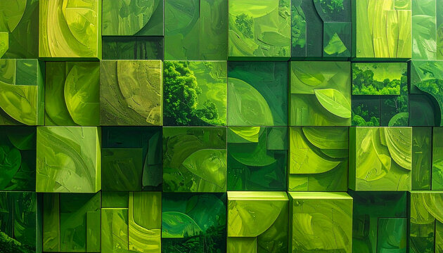 Green abstract mosaic of nature inspired shapes and textures