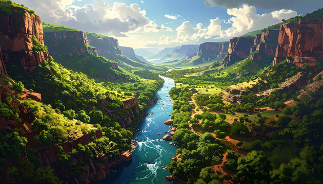 Lush Green Canyon with Winding River and Dramatic Cliffs