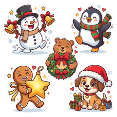 Fototapeta premium Cute Christmas Characters Collection Featuring A Happy Snowman Penguin Bear Gingerbread Man And Puppy Dog Celebrating The Holiday Season With Festive Decorations And Gifts In A Cartoon Style
