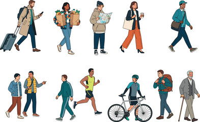 Fototapeta premium Diverse People Travel and Active Lifestyle Character Collection with Walking Cycling Shopping and Outdoor Activities