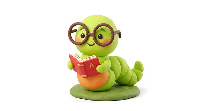 Cute green caterpillar figurine wearing glasses and reading a small red book