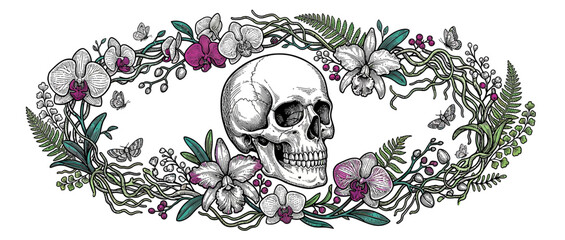 Fototapeta premium Ornate Skull Surrounded by Floral Wreath and Butterflies