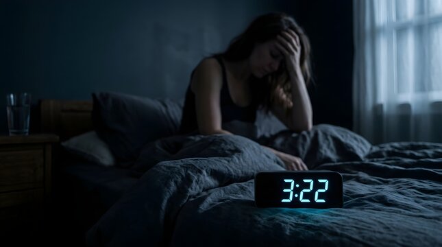 Insomnia concept with woman awake at night, digital alarm clock, sleep disorder at 3:22 AM