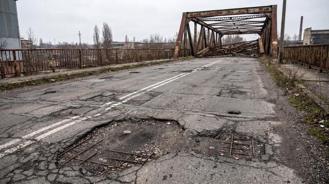 Damaged asphalt road with deep potholes leading to a rusted metal truss bridge in an industrial area