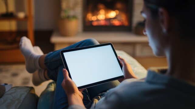 Woman relaxing by a cozy fireplace while using a tablet with a blank screen. Technology and lifestyle concept.