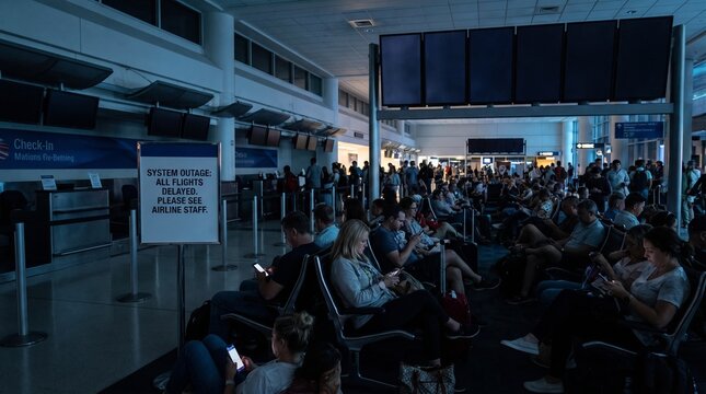 Crowd of travelers waiting in a dark airport terminal during a power outage with blank flight boards
