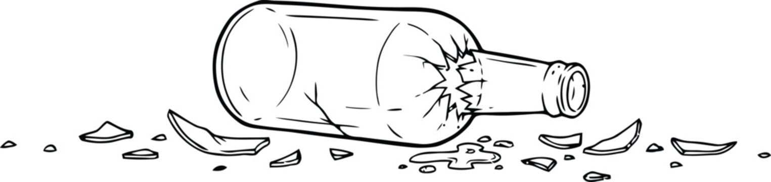 Broken glass bottle lying on its side with scattered fragments on a white background illustration concept