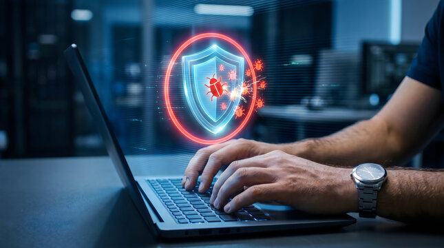Person typing on a laptop with a digital shield icon representing cyber security and protection