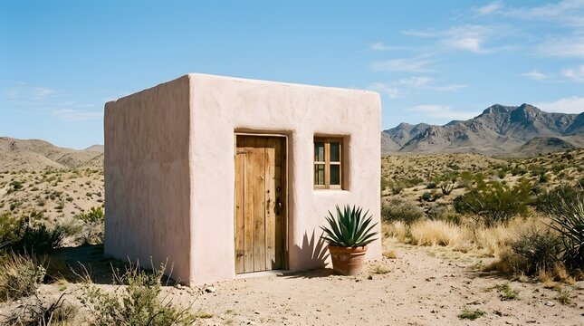 Small adobe hut with wooden door and potted succulent plant sits under bright blue sky in the remote desert landscape
