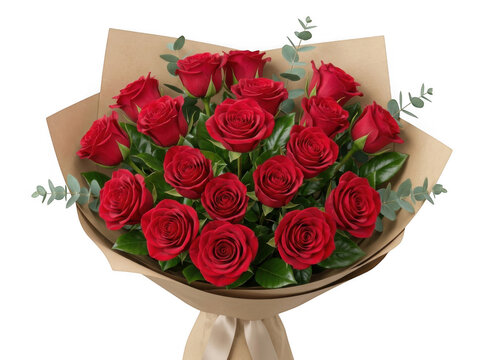 Abundant red roses bouquet with eucalyptus leaves isolated on a transparent background