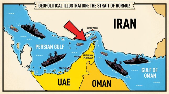 Geopolitical illustration map highlighting the Strait of Hormuz between Iran, UAE, and Oman