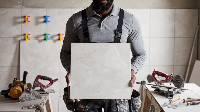Tile Setter Holding Ceramic Tile Sample in Tile Installation Site