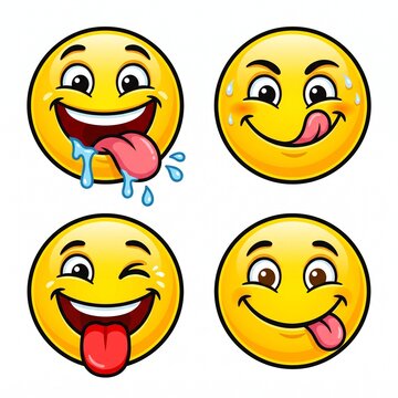 Set of four yellow smiley face emoticons showing different silly expressions with tongue and drool