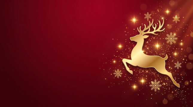 Golden Reindeer Christmas Background with Sparkling Stars on Deep Red Festive Backdrop
