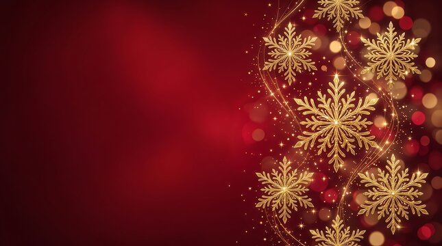 Elegant Red Christmas Background with Golden Snowflakes and Festive Sparkling Lights