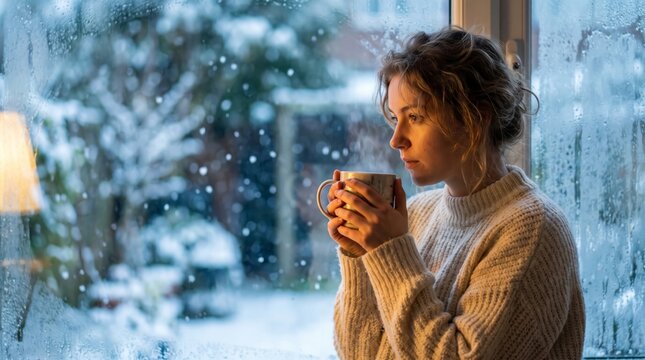 Woman holding warm mug gazing through frosted winter window at snowy landscape
