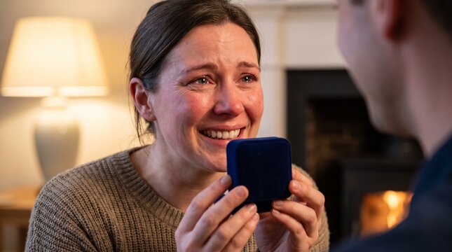 Woman Crying Tears of Joy and Smiling Holding a Blue Ring Box During a Marriage Proposal winter gift exchange