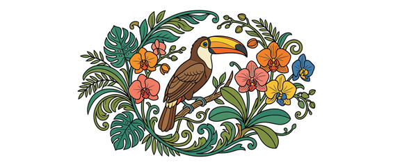 Obraz premium Exotic Toucan Bird Perched Among Tropical Flowers and Leaves