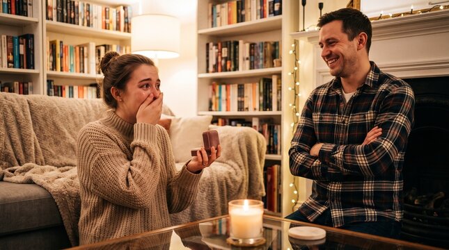 Emotional Woman Reacts to Marriage Proposal in Cozy Living Room with Bookshelves and Candlelight winter gift exchange