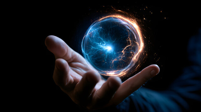 Glowing blue and orange energy orb hovering above an open hand