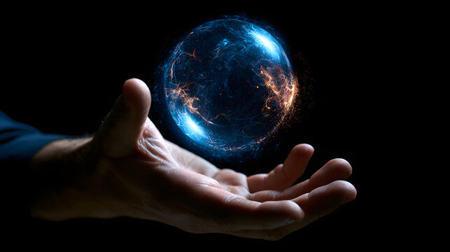 Human palm supporting a blue digital globe with orange energy arcs