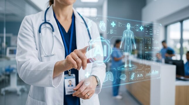 Doctor analyzing medical data on digital virtual screen display with artificial intelligence body scan diagnostics in modern futuristic healthcare hospital.