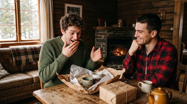 Two men excitedly opening a gift box with mugs and coffee beans in a cozy cabin with a fireplace winter gift exchange
