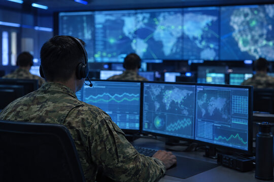 Soldier wearing headset monitoring multiple data screens in busy command control room, military operations center with world map and team working, tactical concept