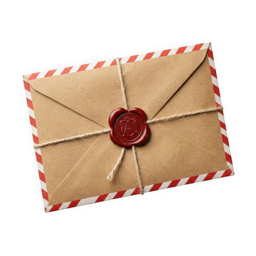 Vintage envelope with red and white striped border and wax seal isolated on transparent background