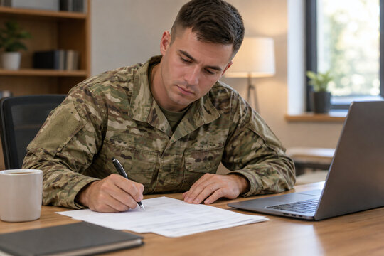 Male soldier in military uniform signing document at wooden desk, focused man in camouflage writing paperwork with laptop and coffee, military admin concept