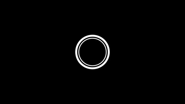Circle burst elements pack on black, white rings, starburst rays, dot rings, crosshair and dashed circles popping in sequence
