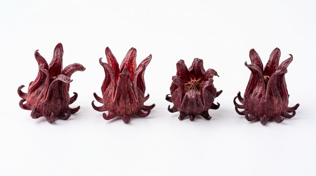 Four dried burgundy hibiscus calyxes with naturally curled lobes and delicate vein detail, individually separated for botanical and culinary uses. Isolated on White background.