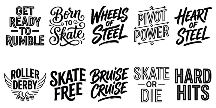 Set of roller derby typography design elements and motivational sports quotes for posters and t-shirt prints Minimal Typography text bundle collection. Editable Vector Illustration pack