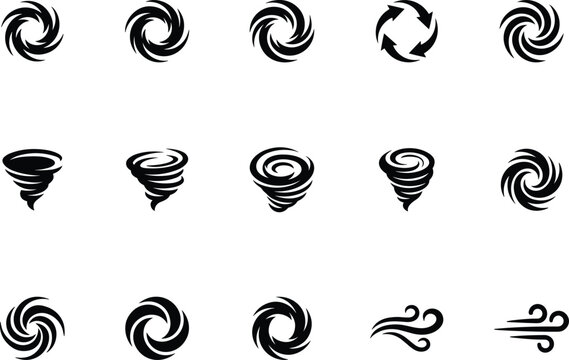 Tornado hurricane and wind vector icon set featuring cyclone swirls vortex funnel and breeze silhouettes