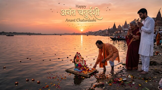 Hindu Family Performing Ganesh Visarjan Aarti Ritual at Sunset River