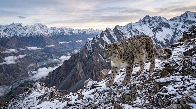 Snow leopard walks along steep rocky mountain ridge with high peaks and clouds in background view.
