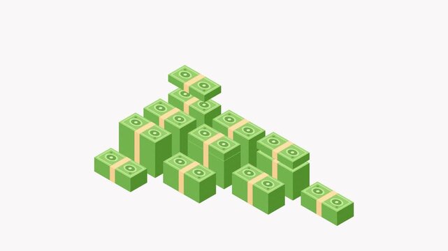 Isometric money stacks growing into a pyramid of green cash bundles on white, then shrinking back down to a single bundle

