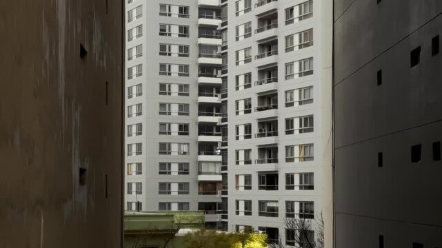 Pale gray apartment tower with repeating window grid and small balconies in narrow urban courtyard