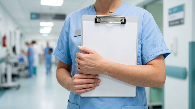 Professional healthcare worker holding empty paper clipboard mockup inside modern clinical corridor for patient record or medical advertisement.