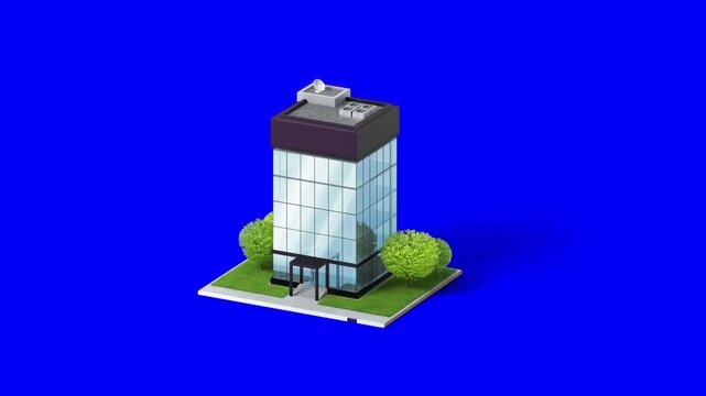 Building 3d animation with blue screen for chroma for using as a green screen background video 4k.