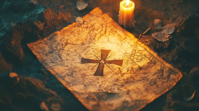 Ancient treasure map with candlelit cross on weathered paper