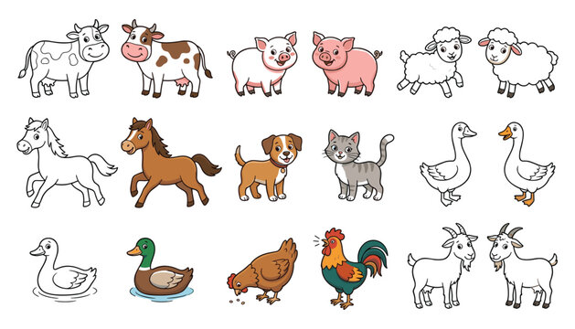 Farm Animal Collection with Cow, Pig, Sheep, Horse, Dog, Cat, Goose, Duck, Chicken, Rooster, and Goat Cartoon Characters for Agriculture