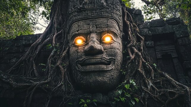 Ancient stone face with glowing eyes at ta prohm temple ruins in cambodia