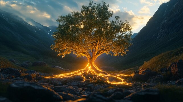 Enchanted tree with illuminated roots in serene mountain valley at sunset