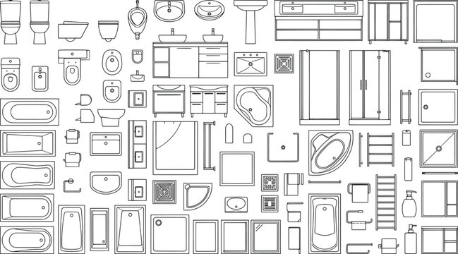 Collection of bathroom sanitary equipment and furniture, top view, vector set
