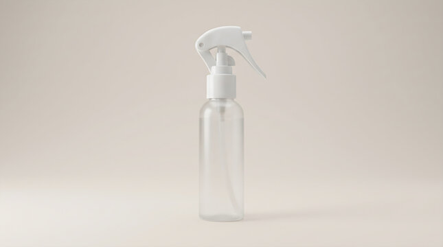 A sleek and transparent 2 oz spray bottle with a white trigger pump on a clean neutral background mockup